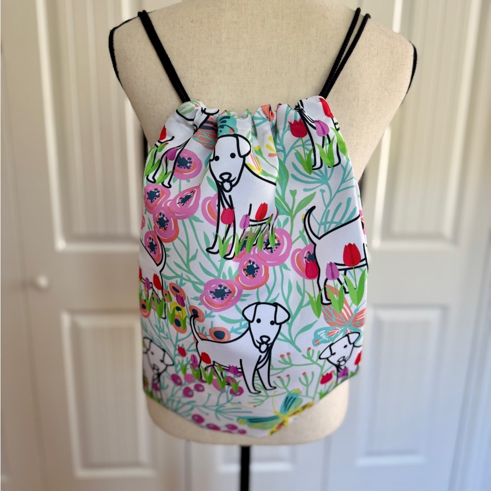 Pink Floral Drawstring Cinch Backpack with Dog Graphic Puppy Print Travel Tote - Picture 9 of 11